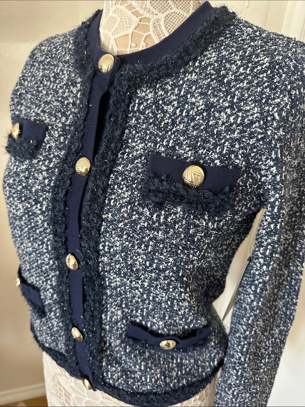 KARL LAGERFELD PARIS Women's Textured-Knit Button-Front Sweater Size XS